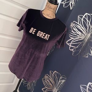 NWOT Zara Purple Velvet Short Sleeve Top, front text detailed